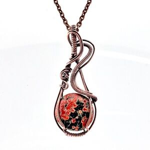 HANDMADE Fireworks Obsidian Copper Wire Wrapped Pendant Necklace, Artisan Gift